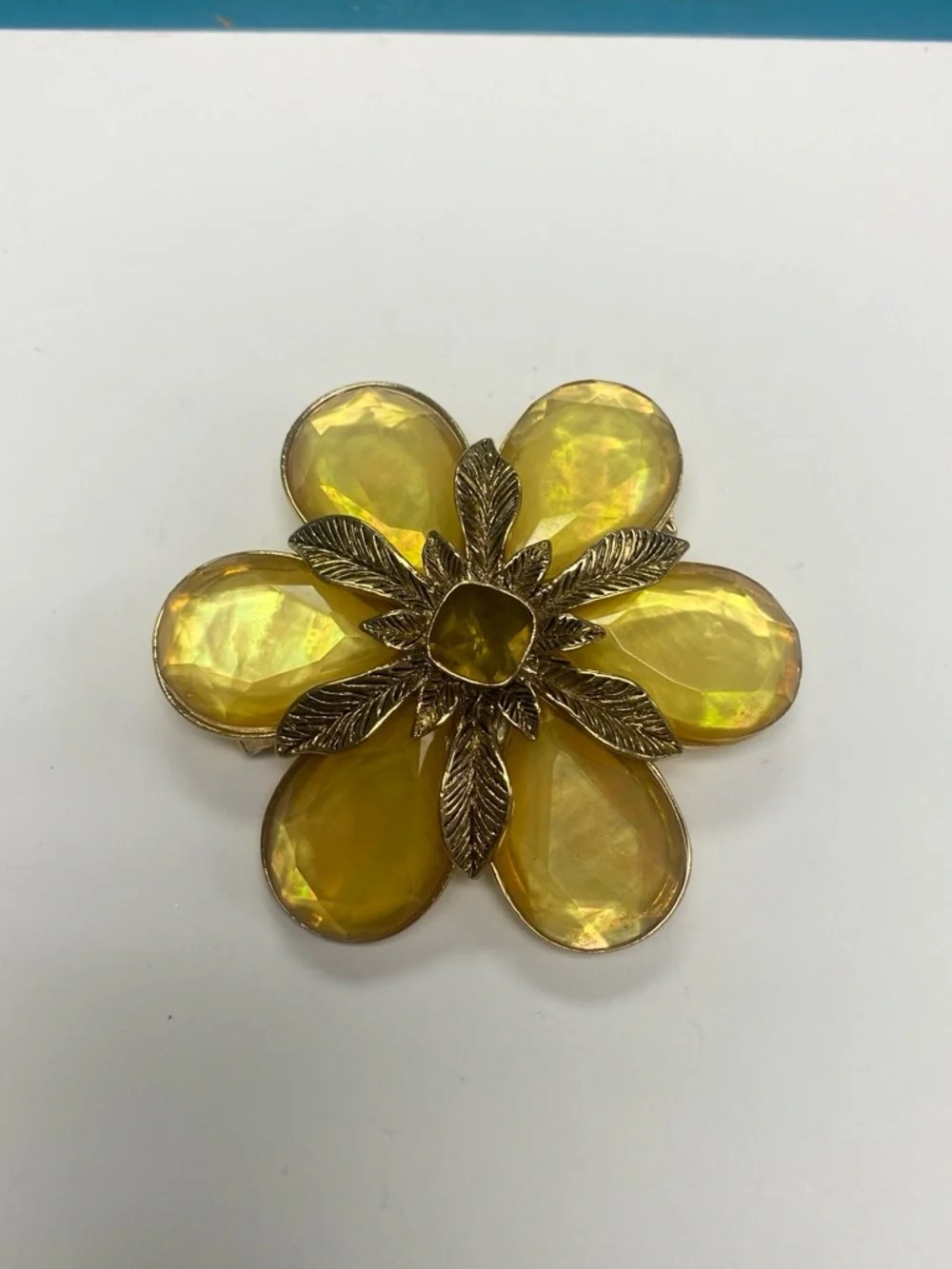 Vintage Monet Yellow Floral Glass Petal Brooch with Gold-Tone Leaves